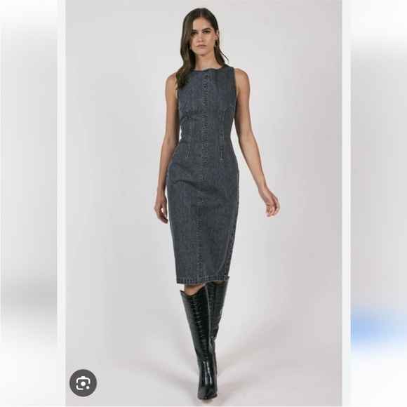 Sage Dresses & Skirts - Sage The Label Black Denim Midi Dress Sleeveless Sheath Back Slit Size Small NWT
